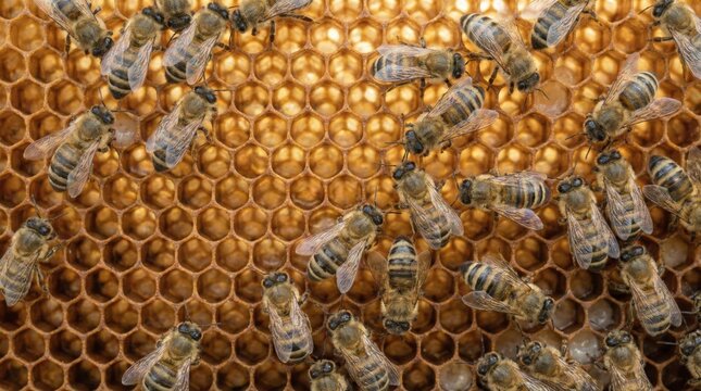 Colony of busy honey bees creating and maintaining the hexagonal cells of a honeycomb, filling them with golden honey and nursing young larvae for the health and growth of the hive