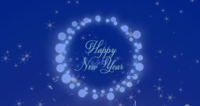 Animation of snowflakes and confetti falling over happy new year text on fairy lights banner