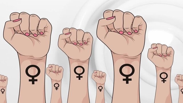 Animation of raised fists with female symbols over pulsating white circles