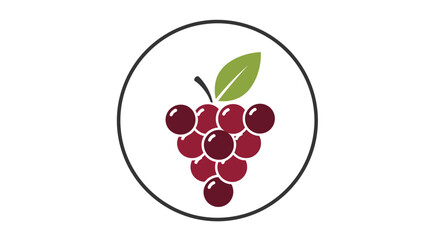 Naklejka premium A simple graphic illustration of a bunch of red grapes with a green leaf and stem, enclosed in a black circle on a white background.