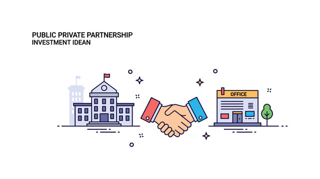Public private partnership investment idea featuring a handshake icon positioned between a government style building silhouette and a corporate office icon,