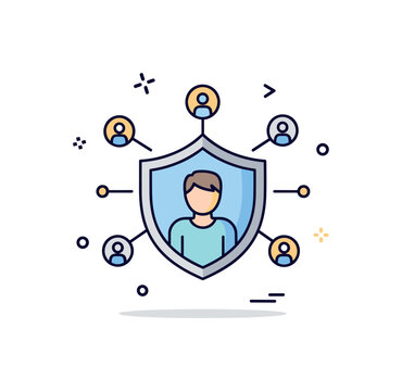 Data privacy awareness showing a user silhouette inside a protective shield with small data nodes around it, symbolizing safeguarding personal information. The