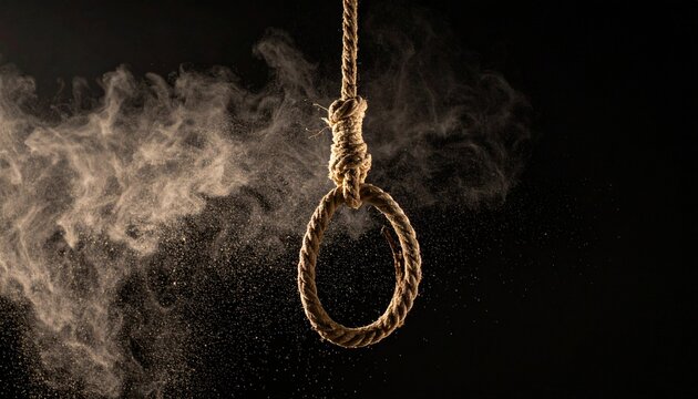 A noose hangs precariously from a rope amidst smoke on a dark background.