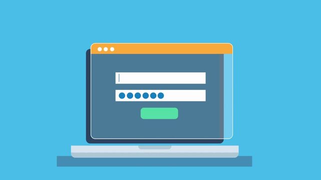 Flat animation of laptop showing login form with password input, representing user authentication, secure access, and digital security in modern systems.