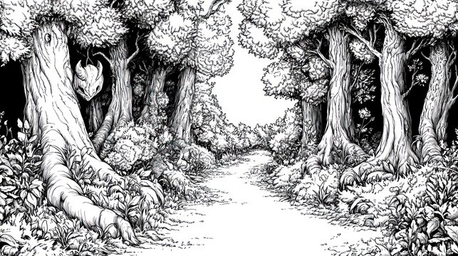 Black and white forest path