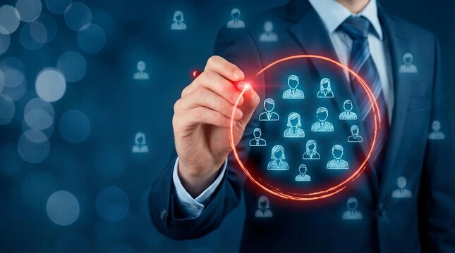 Businessman drawing red glowing circle around target audience people icons for market segmentation and advertising campaign strategy.