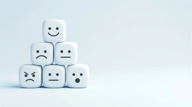 Creative pyramid of white cubes displaying various emotion faces for happy customer feedback concept.