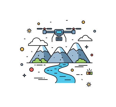 Capturing aerial landscape with drone featuring a hovering drone above stylized mountains and river curves, symbolizing wide panoramic views and exploration