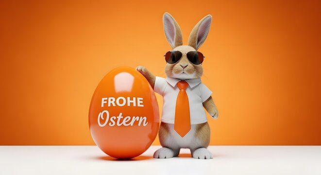 Easter bunny in sunglasses and tie holding large easter egg with german greeting frohe ostern on orange background