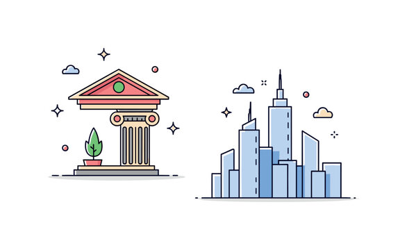 Classical mythology in architecture small pediment and column detail combined with a modern skyline outline, illustrating the continuity of ancient design