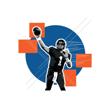 black and white quarterback mid-throw with arm fully extended and football in motion, cut-out effect with subtle white outline, layered with deep blue circular