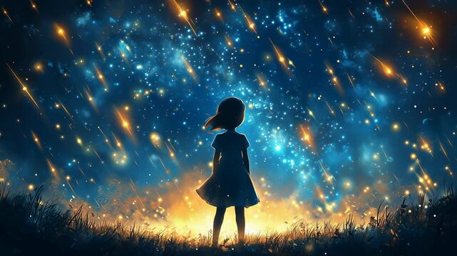 Anime girl watching meteor shower at night sky, glowing stars and falling lights, dreamy fantasy scene, space and imagination concept
