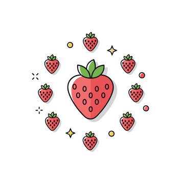 Strawberry pattern inspiration built around a central berry surrounded by small repeating mini berries, conveying playful packaging design and cheerful