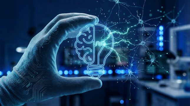Hand holding holographic brain lightbulb with glowing neural network connections for medical science.