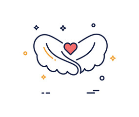 Naklejka premium Guardian angel symbolism represented by a pair of rounded wings partially embracing a tiny heart at the center, conveying care, guidance and emotional safety.
