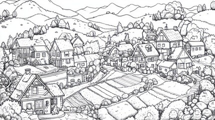 Obraz premium Black and white village landscape, rural scene, idyllic houses, rolling hills