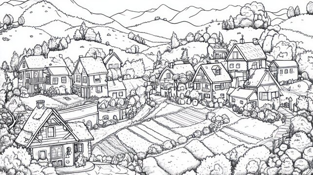 Black and white village landscape, rural scene, idyllic houses, rolling hills