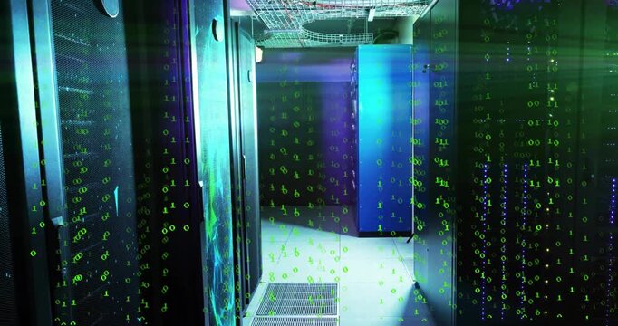 Numeric symbols materializing and cascading down data corridor showing data flow with LEDs pulsing