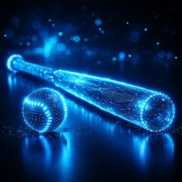 Glowing blue digital baseball and bat wireframe representing sports analytics and futuristic gaming.