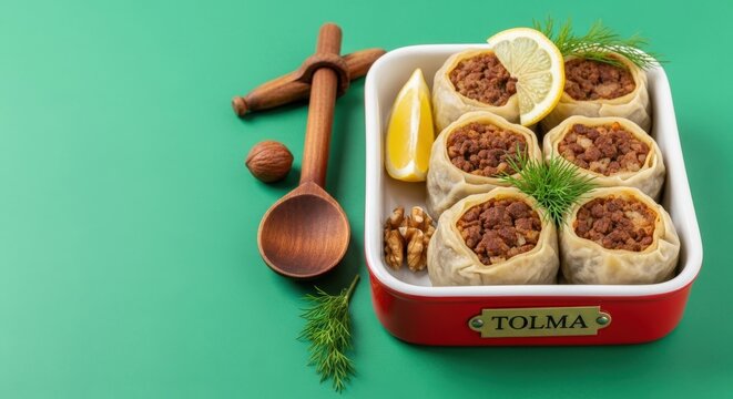 Authentic Georgian Tolma Stuffed Grape Leaves with Fresh Green Editorial Negative Space