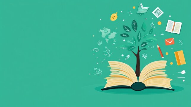 Open book with growing tree, knowledge, learning