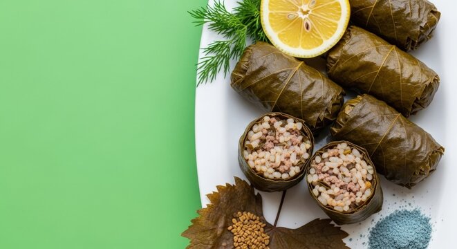 Authentic Georgian Tolma Stuffed Grape Leaves with Fresh Green Editorial Negative Space