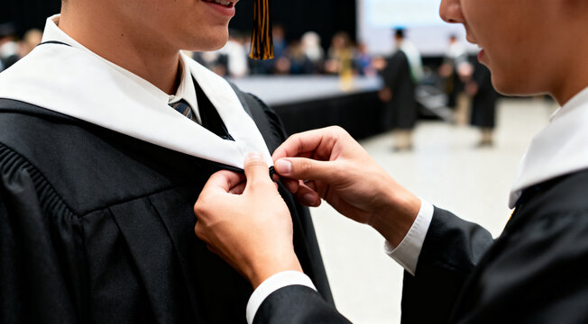 Student Assisting Classmate With Graduation Gown And Academic Stole At University Commencement Ceremony