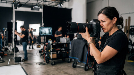 Female photographer shooting with professional camera on film set, director, videographer, production crew, behind the scenes, creative industry, media production