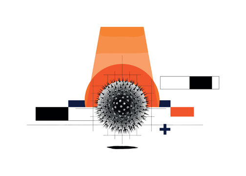 Black and white spherical bacteria cell with fine surface spikes, bright orange semicircle rising behind like a laboratory spotlight, intersecting thin grid