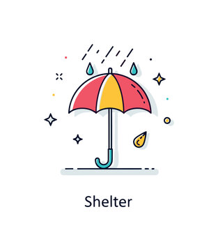 Umbrella in the rain with angled droplet lines symbolizing resilience and preparedness during unpredictable conditions. A short word Shelter reinforces