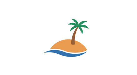 Fototapeta premium Minimalist tropical island illustration showcasing a palm tree, sand, and ocean waves design