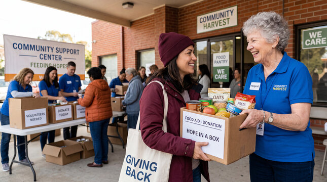 Food bank volunteers helping community, donation box with groceries, charity event, food aid, support center, giving back, volunteers needed, food pantry, helping hands, social services