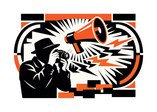 Black and white retro photographer silhouette holding a camera while a bold orange megaphone floats above, sharp zigzag lightning shapes and radiating lines