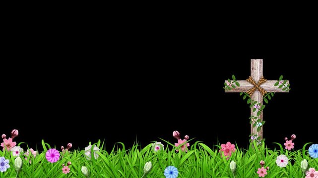 A rustic wooden crucifix tied with rope rests among bright spring flowers. The deep dark empty space above allows for easy blending and compositing.