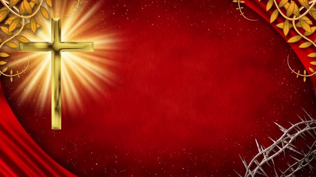 Divine light bursts from the central gold cross against crimson fabric. The thorny crown symbolizes the profound sacrifice made for all humanity.