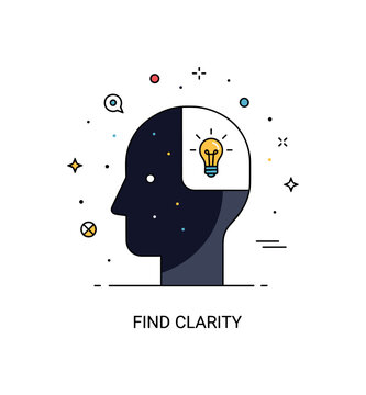 Shadows and light inner clarity metaphor centered on a minimal human head silhouette partly illuminated with a small lightbulb icon inside, expressing insight