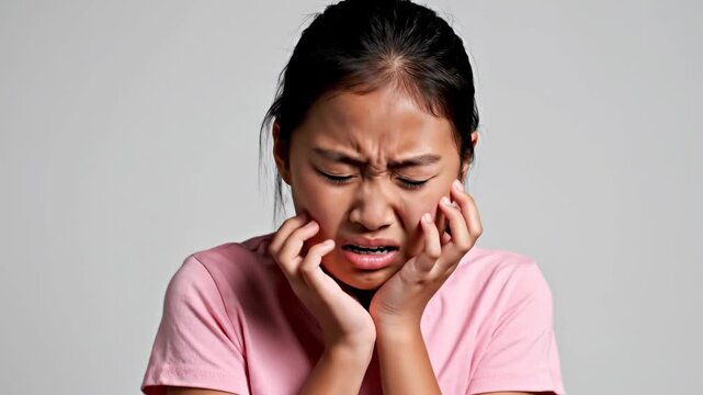 upset asian girl touching cheek, suffering from strong toothache on grey background. dental pain, cavity and sensitive teeth concept. stomatology, healthcare