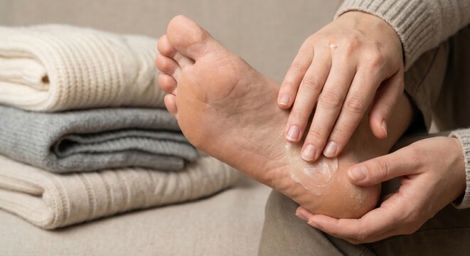 Woman applying moisturizing ointment to dry foot sole