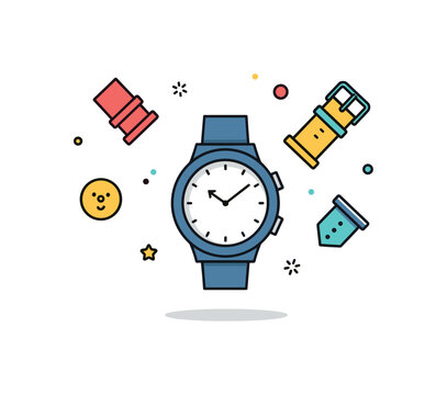 Colorful children smartwatch design centered on a rounded watch with interchangeable strap icons floating nearby. The composition reflects personalization,