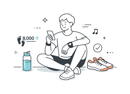 Wearable technology lifestyle. A person relaxing with a smartwatch and fitness tracker integrated into daily life, water bottle and shoes nearby. Balance of