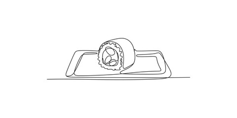 A sushi roll on a rectangular plate in a continuous line drawing style art illustration © Line Art Gallery