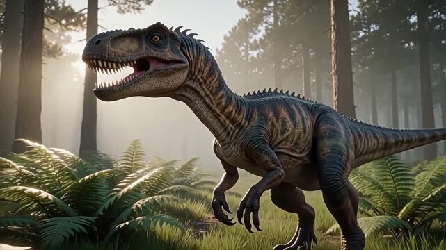 Realistic dinosaur walking through a misty prehistoric forest with cinematic lighting. Detailed reptile skin and dramatic atmosphere, ideal for science, history, and fantasy content.