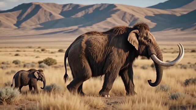 Photorealistic woolly mammoth walking with its calf across a dry landscape. Warm natural lighting and cinematic depth create a powerful prehistoric wildlife scene.