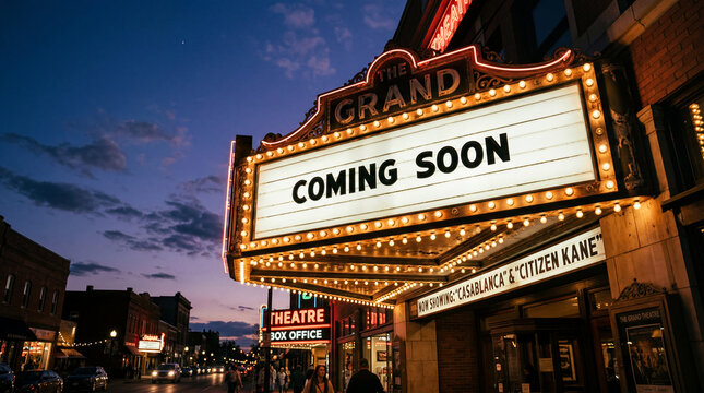 Grand Theatre Marquee Coming Soon Sign, Retro Cinema Entrance, Evening Street Scene, Movie Poster Display, Entertainment Venue, Copy Space