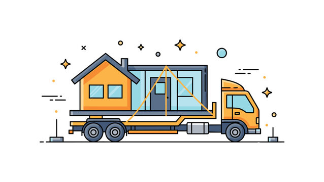 Offsite construction logistics truck carrying a compact house module secured on a flatbed, symbolizing transportation from factory to foundation. A modern