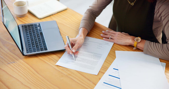 Writing, hands and woman with laptop for contract, report and legal agreement draft at desk in office. Lawyer, professional and document with policy proposal and paperwork for signature at law firm