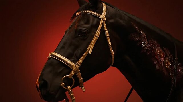 Black Horse Head with Bridle Closeup.