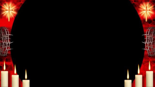 The bright red ornate border is decorated with shining crosses and candles. Thorny crowns sit on the edges framing the completely dark central void.