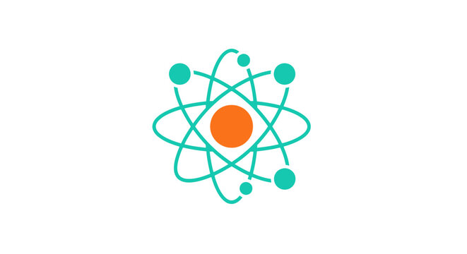Atomic structure illustration showing nucleus and orbiting electrons on a white background design