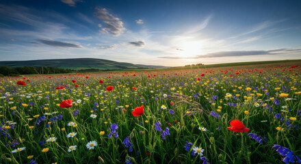 Fototapeta premium A vibrant spring meadow bursting with colorful wildflowers under a bright blue sky during a beautiful sunset